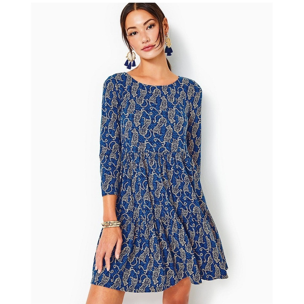 Lilly Pulitzer Geanna Dress XXL Navy Easy To Spot Leopard Tiered Swing Coastal